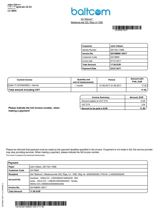 Latvia Baltcom telecommunications utility bill template in Word and PDF format (English version)